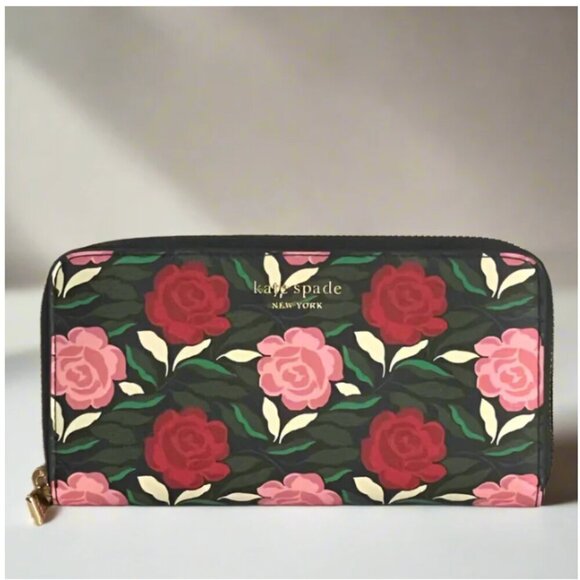 Kate Spade Morgan Large Floral Wallet Womens Black Pink Roses Continental Zip - Picture 1 of 9